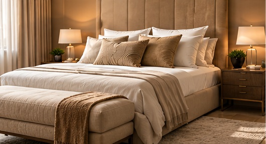 Serene bedroom with neatly made bed and warm bedside lamps