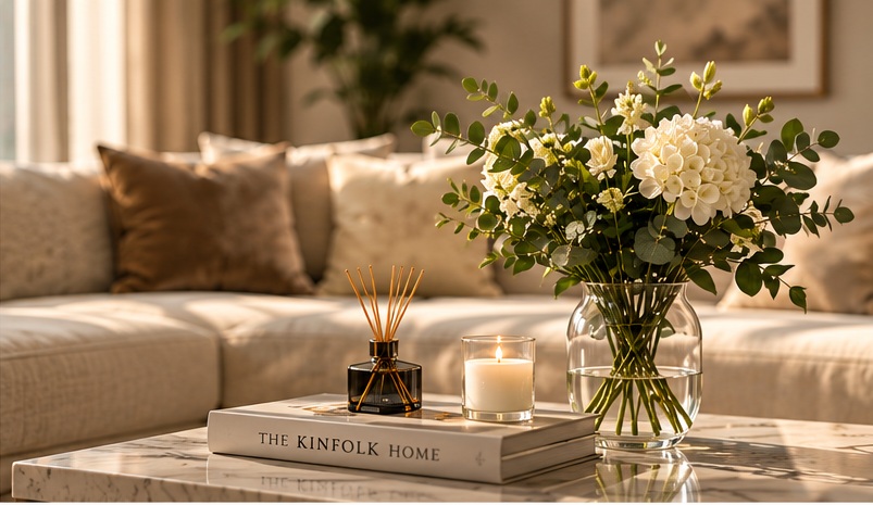 Calm living room with cream sofa, fresh white flowers and a candle on a marble table