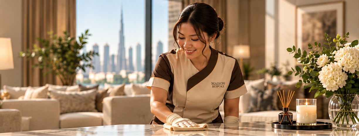 Maison Bespoke cleaner polishing a marble table in a bright Dubai living room with skyline view